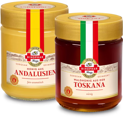 Produktabbildung des Waldhonigs aus der Toskana und des Honigs aus Südfrankreich